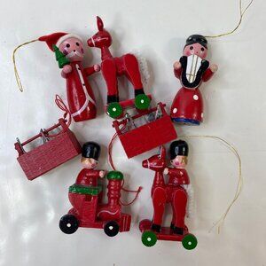 Vintage Midwest Taiwan Wooden Christmas Ornaments Set Of 8 Tool Boxes Soldiers